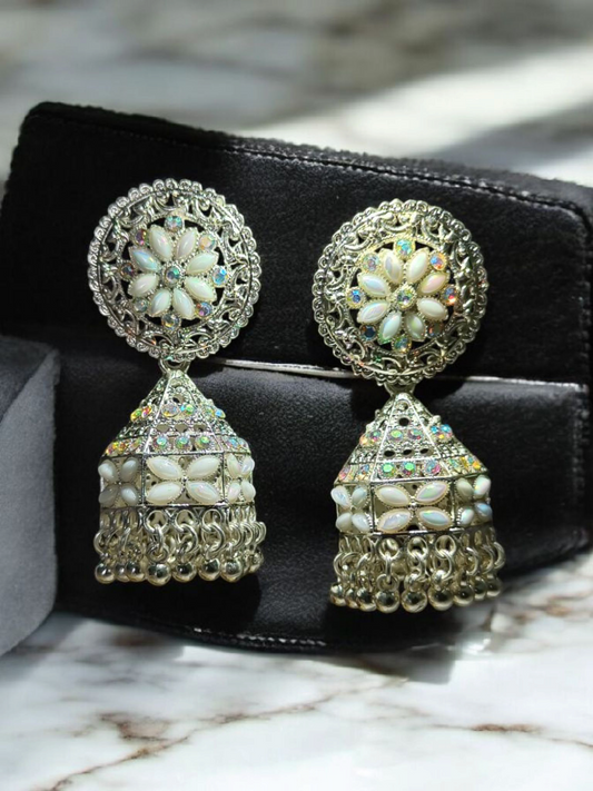 Elegant Oxidized Silver Floral White Stone Jhumka Earrings for Women and Girls - Festive and Wedding Wear