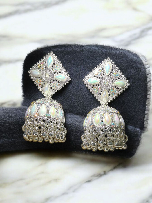 Designer Oxidized Silver Square Top Opal Stone Jhumka Earrings for Women and Girls - Festive and Wedding Wear