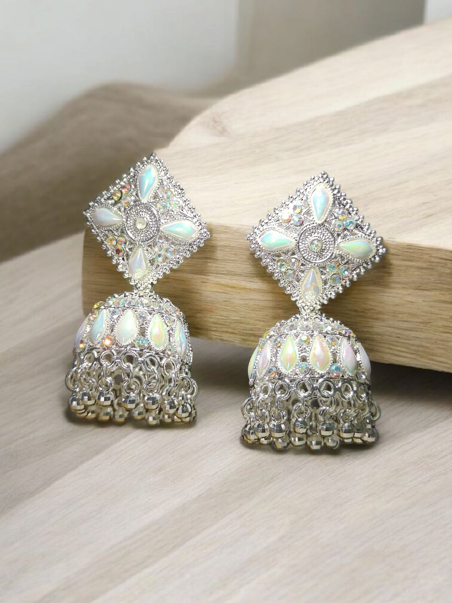 Designer Oxidized Silver Square Top Opal Stone Jhumka Earrings for Women and Girls - Festive and Wedding Wear