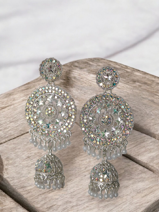 Grand Silver Plated Crystal Studded Chandbali Jhumka Earrings for Women And Girls - Wedding and Festive Party Wear