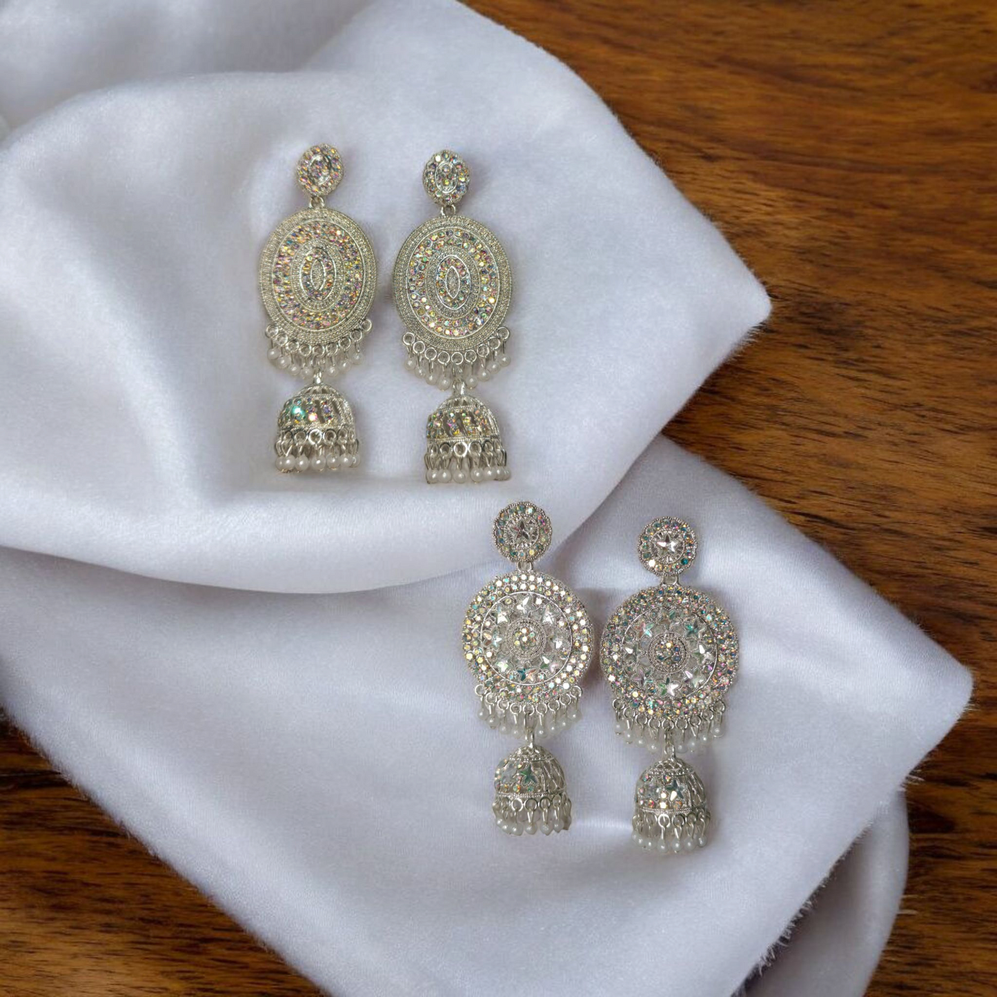 Grand Silver Plated Crystal Studded Chandbali Jhumka Earrings for Women And Girls - Wedding and Festive Party Wear