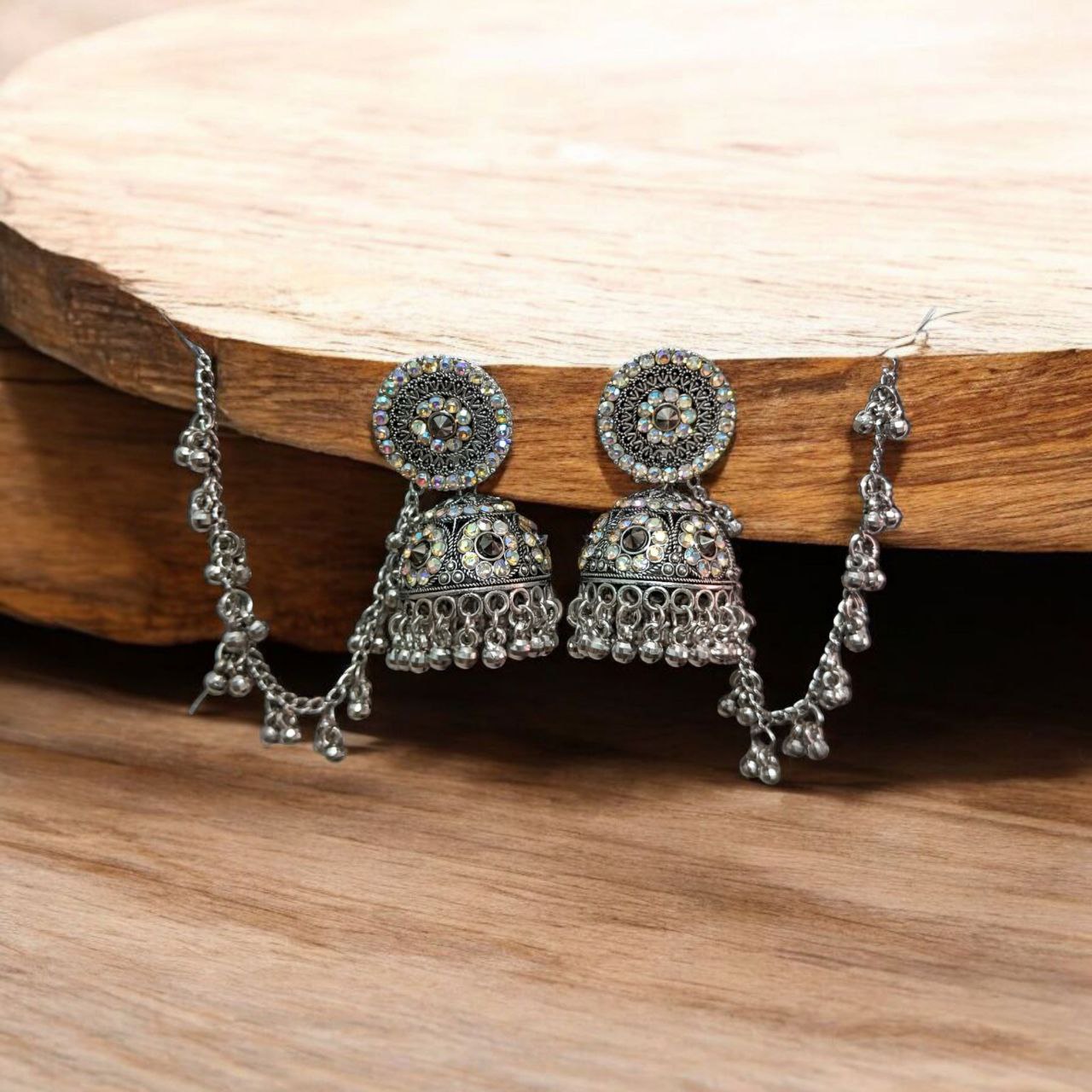 Traditional Silver Oxidised Jhumka Earrings with Chain for Women & Girls – Ethnic Party Wear Jewellery