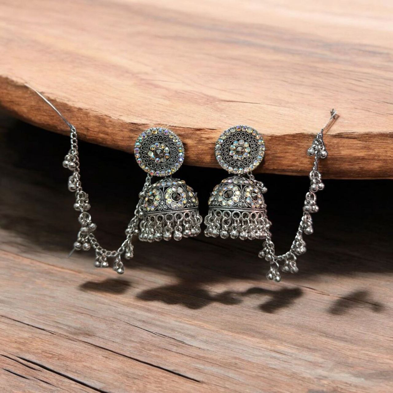 Traditional Silver Oxidised Jhumka Earrings with Chain for Women & Girls – Ethnic Party Wear Jewellery