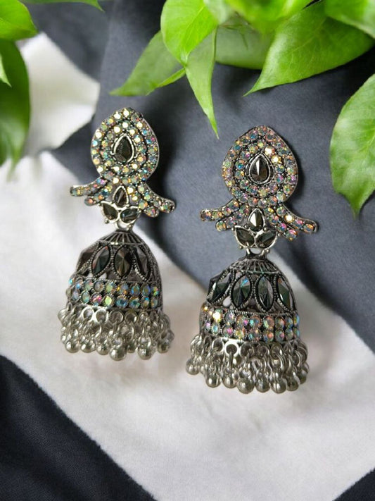 Sparkling Stone-Studded Silver Jhumka Earrings for Women & Girls – Ethnic Party Wear Jewellery
