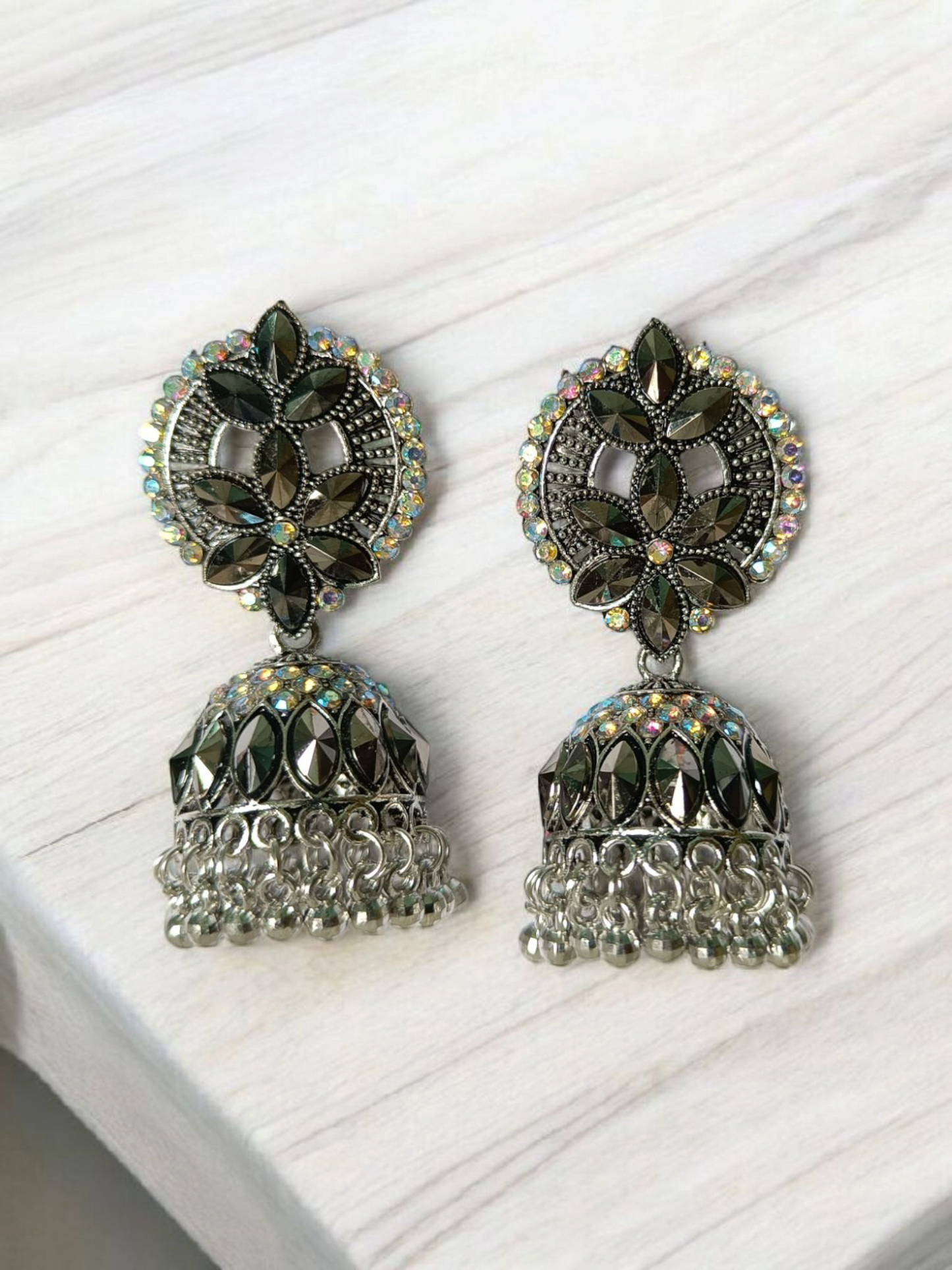 Elegant Oxidized Silver Plated Stone Work Jhumka Earrings for Women And Girls - Festive & Party Wear