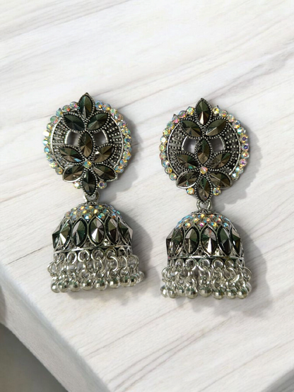 Elegant Oxidized Silver Plated Stone Work Jhumka Earrings for Women And Girls - Festive & Party Wear