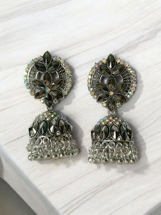 Elegant Oxidized Silver Plated Stone Work Jhumka Earrings for Women And Girls - Festive & Party Wear