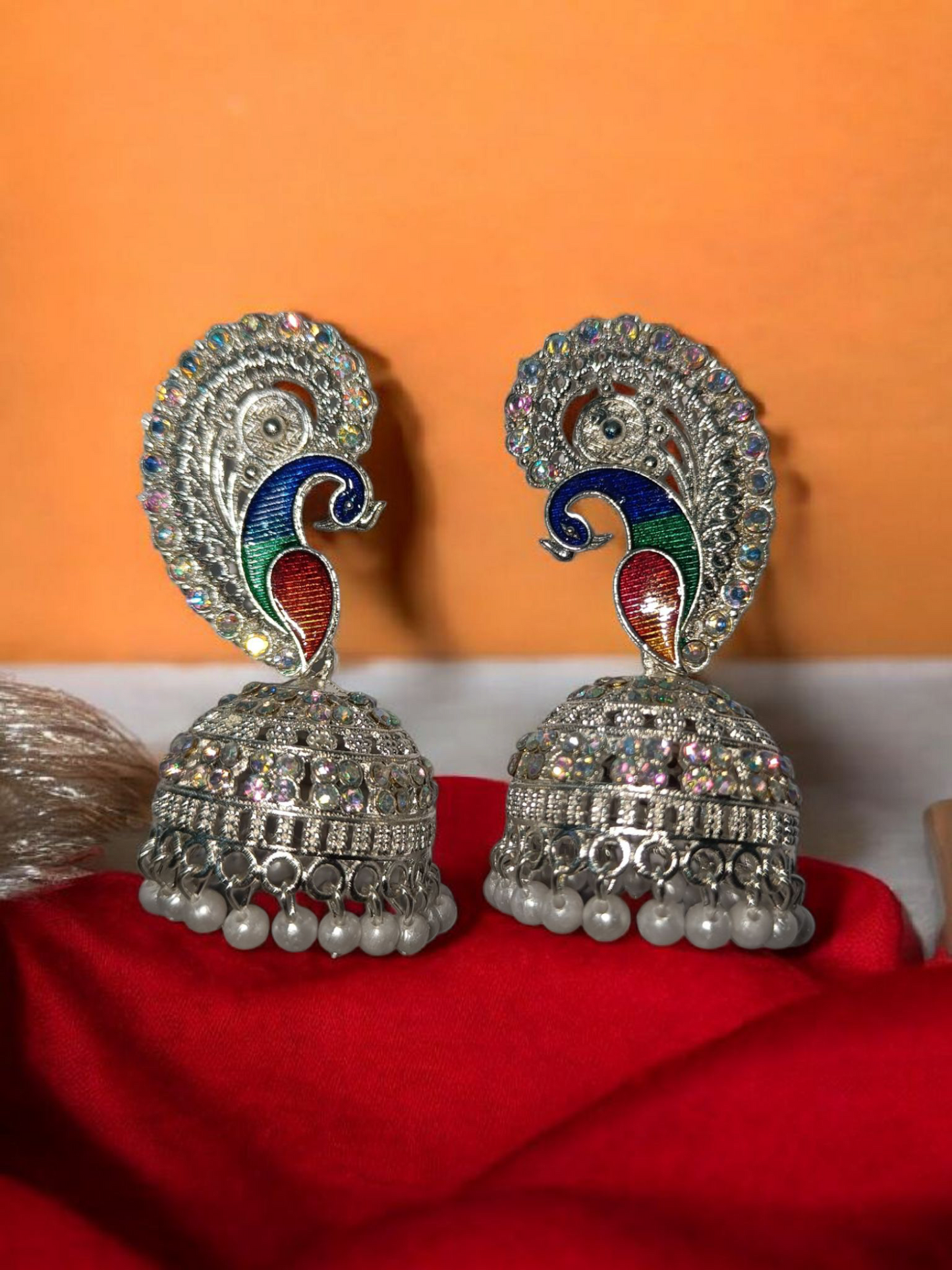Peacock Design Stone-Studded Silver Jhumka Earrings for Women & Girls Party & Wedding Wear Jewelry