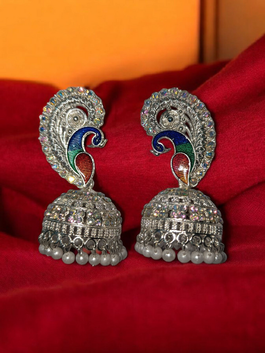Peacock Design Stone-Studded Silver Jhumka Earrings for Women & Girls Party & Wedding Wear Jewelry