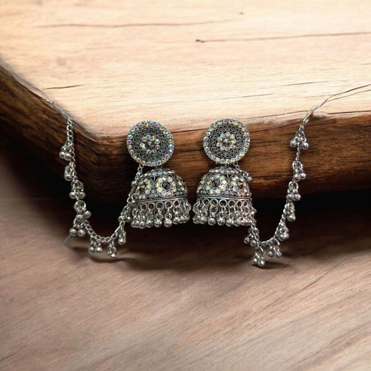 Traditional Silver Oxidised Jhumka Earrings with Chain for Women & Girls – Ethnic Party Wear Jewellery