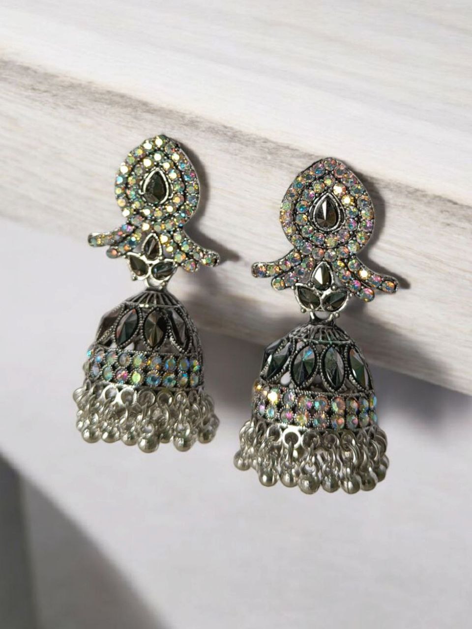 Sparkling Stone-Studded Silver Jhumka Earrings for Women & Girls – Ethnic Party Wear Jewellery